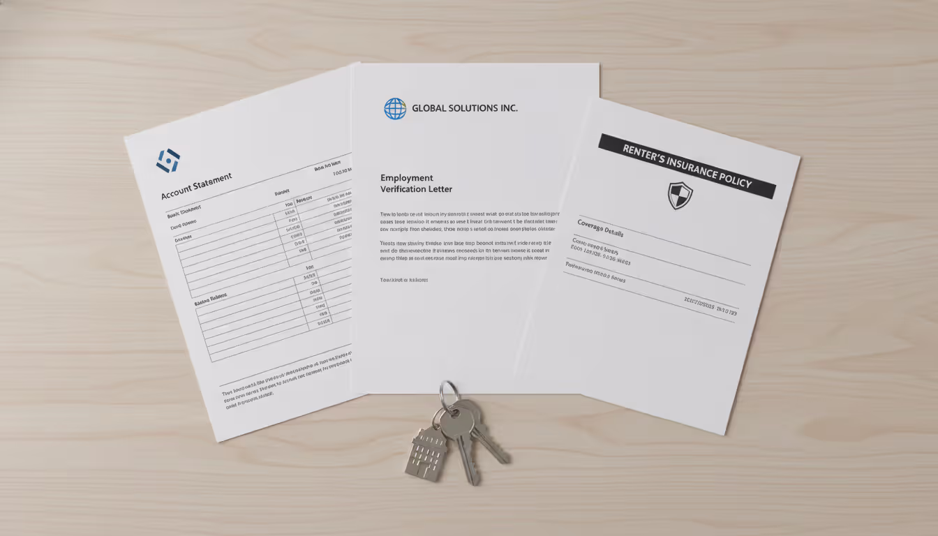 Flat lay of rental application documents including bank statements employer letter and apartment keys on a wooden desk