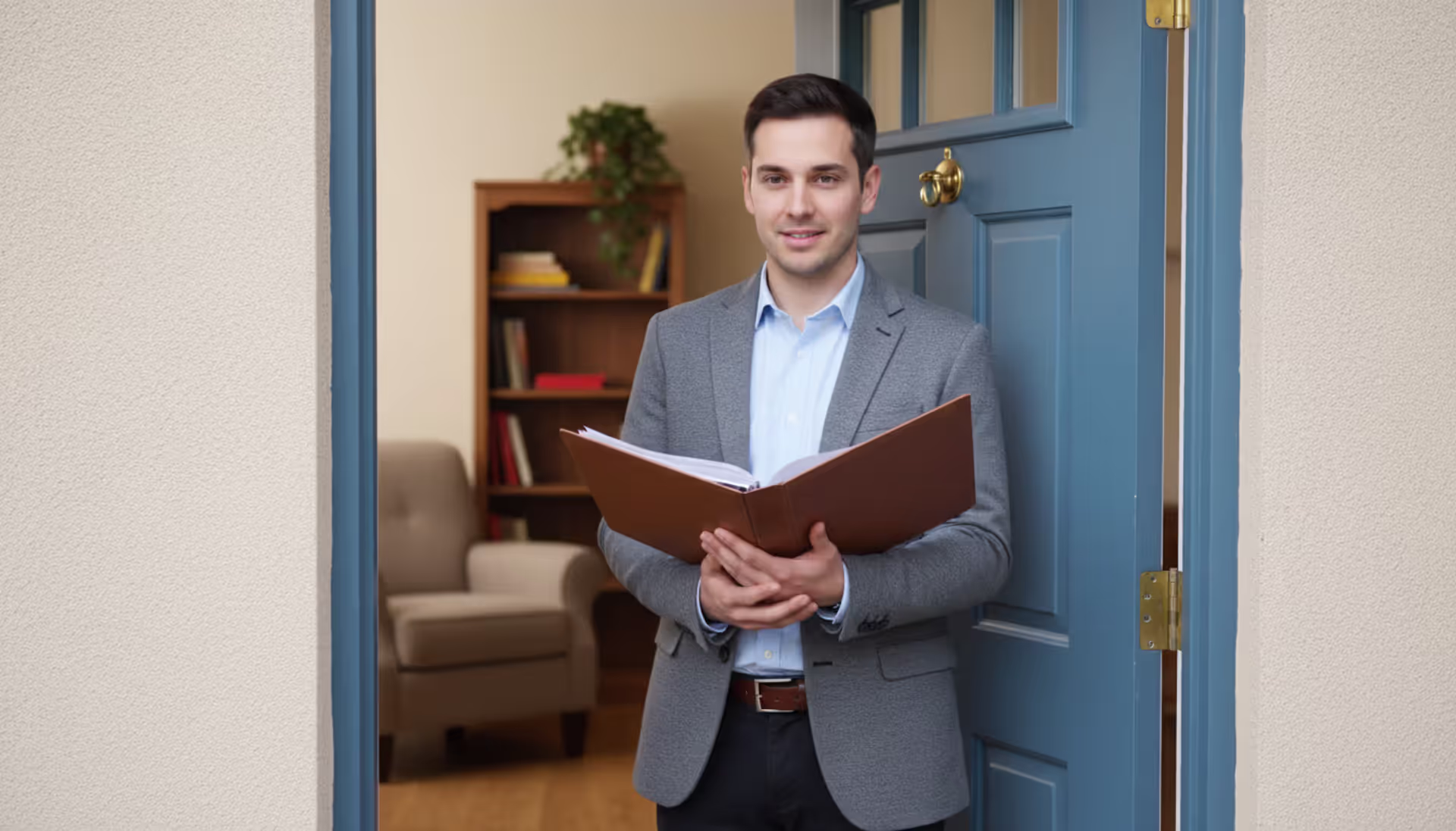 Young man holding a folder with documents standing in front of an open apartment door looking hopeful
