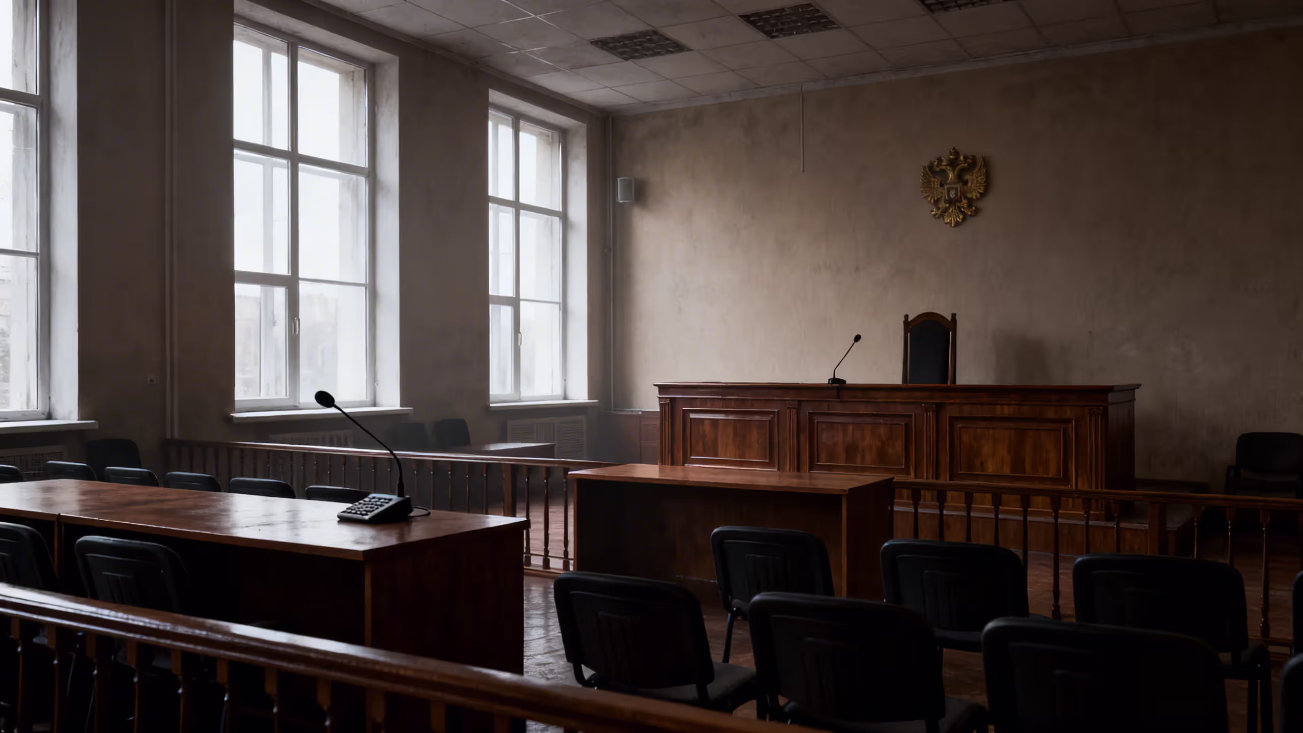 Empty federal courtroom interior with a wooden judge bench, microphone, chairs, and natural light coming through tall windows