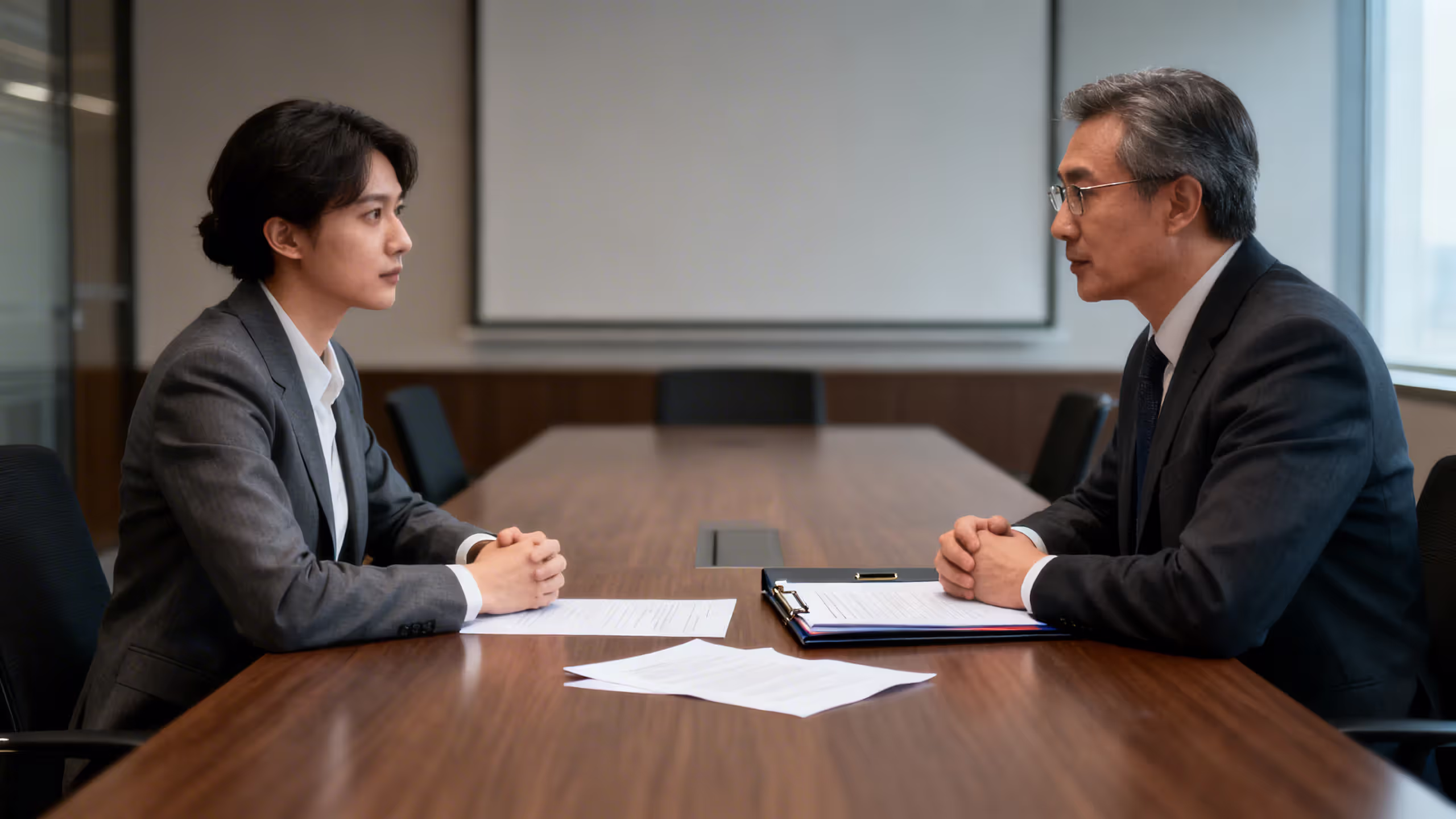 Two people sitting across from each other at an office meeting table during a job interview, with documents on the table