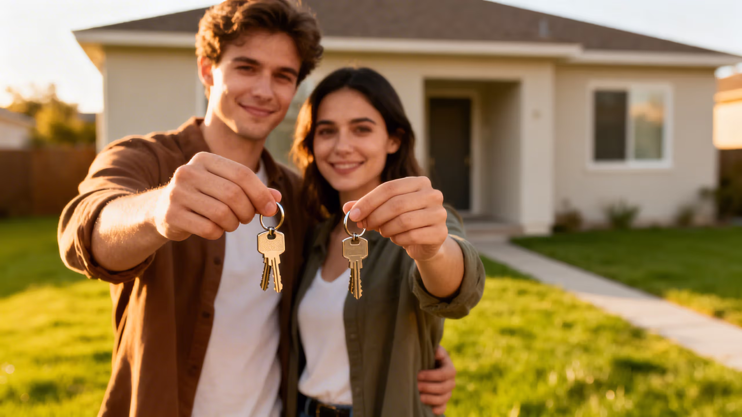 Young couple standing in front of a modest house holding house keys, smiling with relief, representing successful financial recovery and homeownership