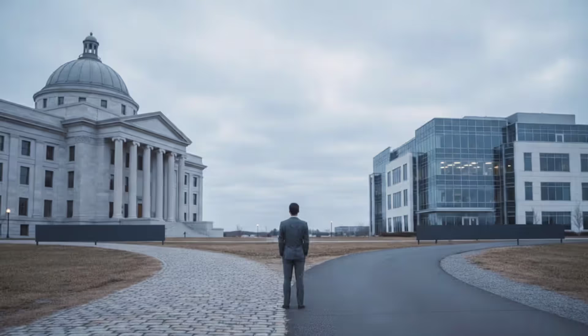 Person standing at a crossroads choosing between two paths leading to a courthouse and a financial office building