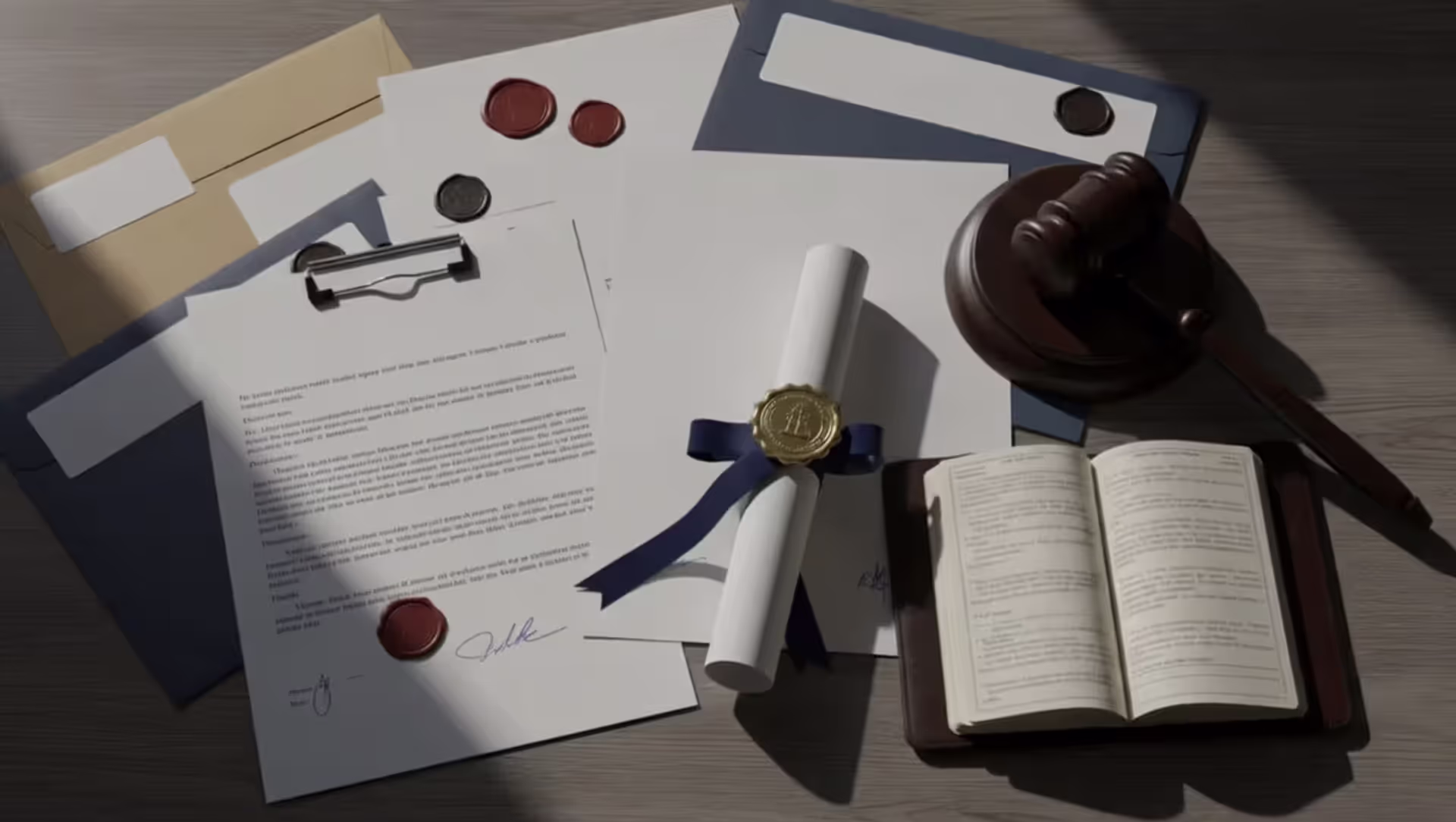 Judges gavel next to graduation diploma and legal documents on a dark wooden desk representing student loan bankruptcy