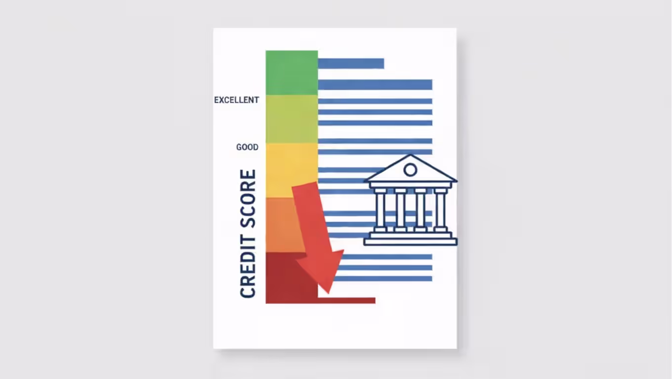 Credit report document with a credit score gauge showing a sharp drop from green zone to red zone with a courthouse silhouette symbolizing bankruptcy filing