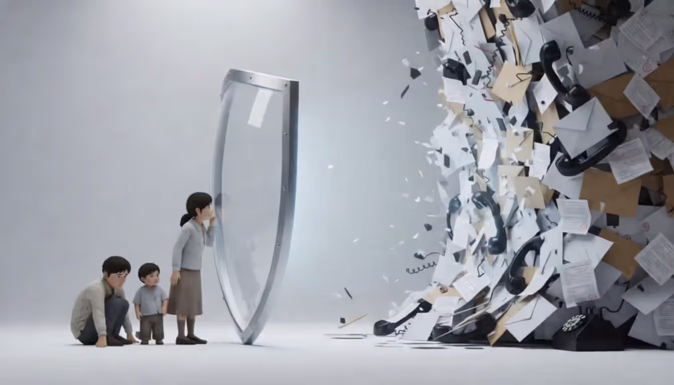 A large protective shield standing between a family and an incoming wave of envelopes letters and phone handsets symbolizing creditor pressure in a clean modern style