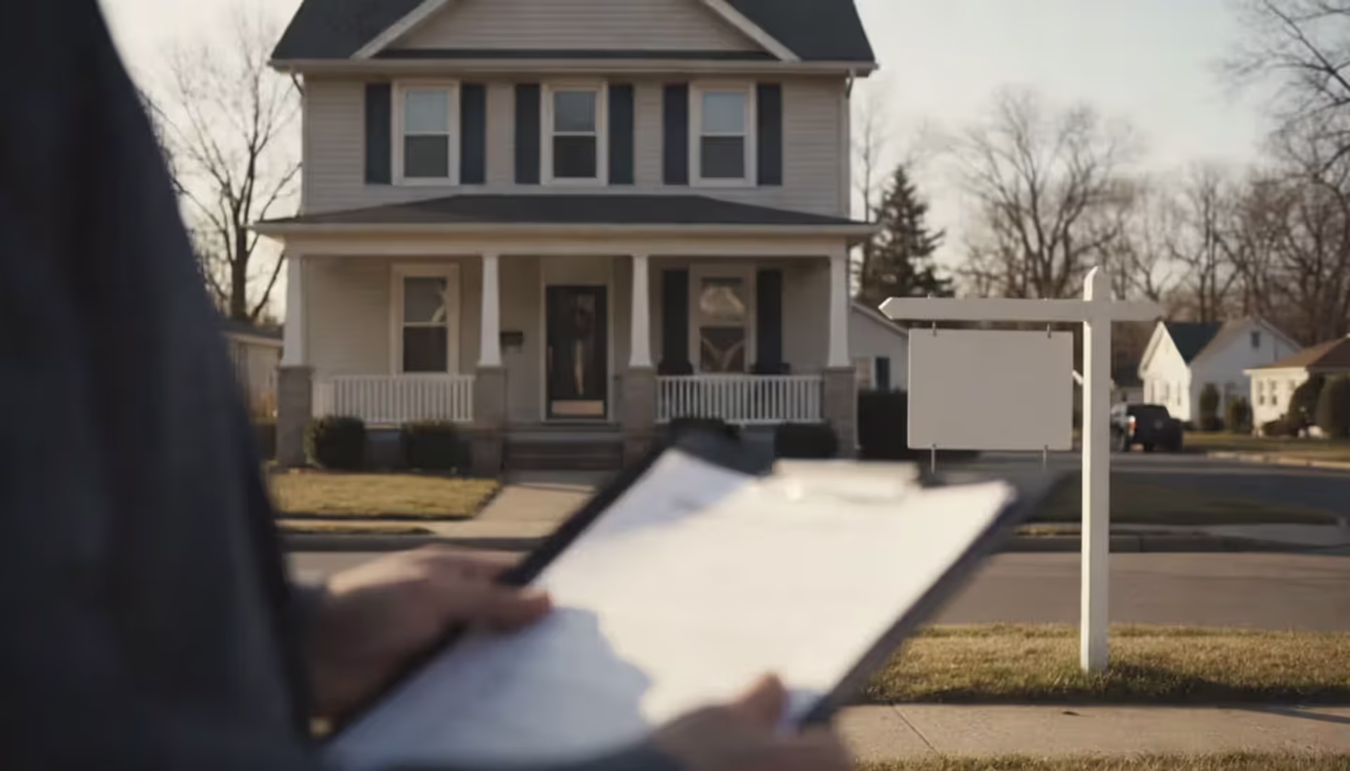 American suburban house with foreclosure sign on the front lawn and a hand holding legal documents in the foreground