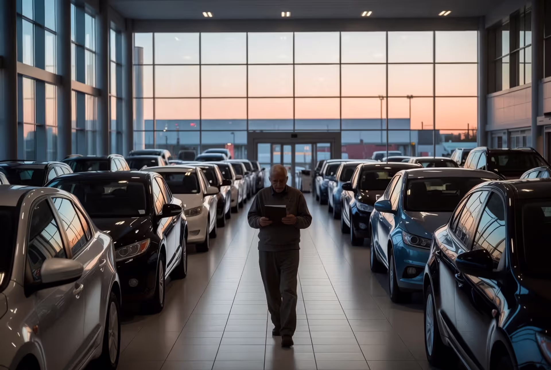 A confident person walking toward a row of new cars at a modern dealership lot in the evening, holding a folder with documents