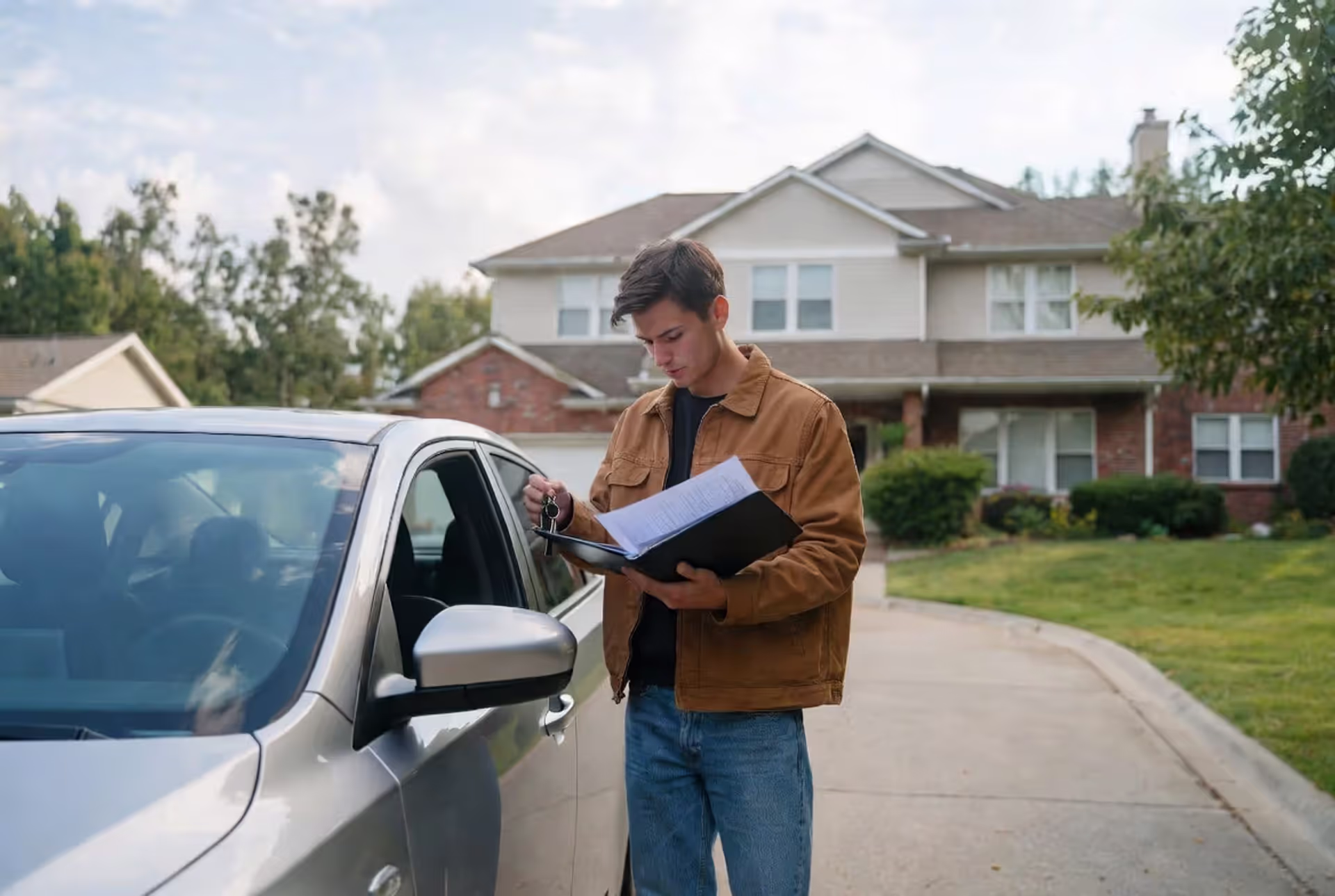 Person holding car keys and documents standing next to a silver sedan parked in a suburban driveway